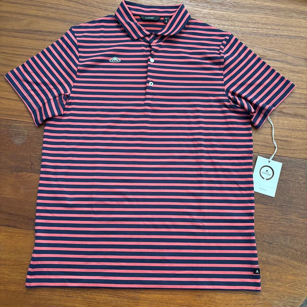 Radmor Men’s Short Sleeve Red Navy striped Golf Performance polo shirt Sz M NWT
